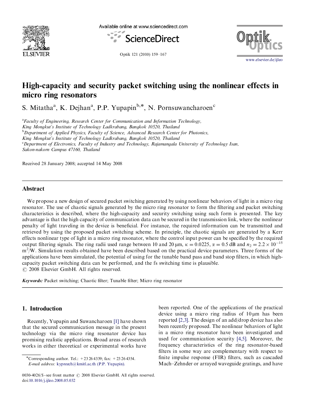 High-capacity and security packet switching using the nonlinear effects in micro ring resonators