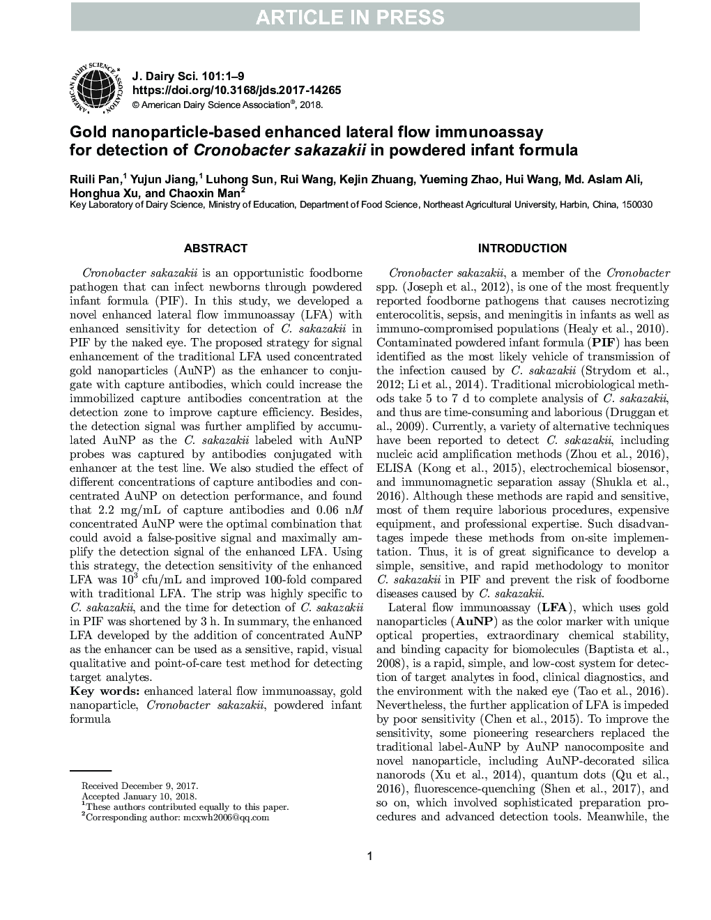 Gold nanoparticle-based enhanced lateral flow immunoassay for detection of Cronobacter sakazakii in powdered infant formula