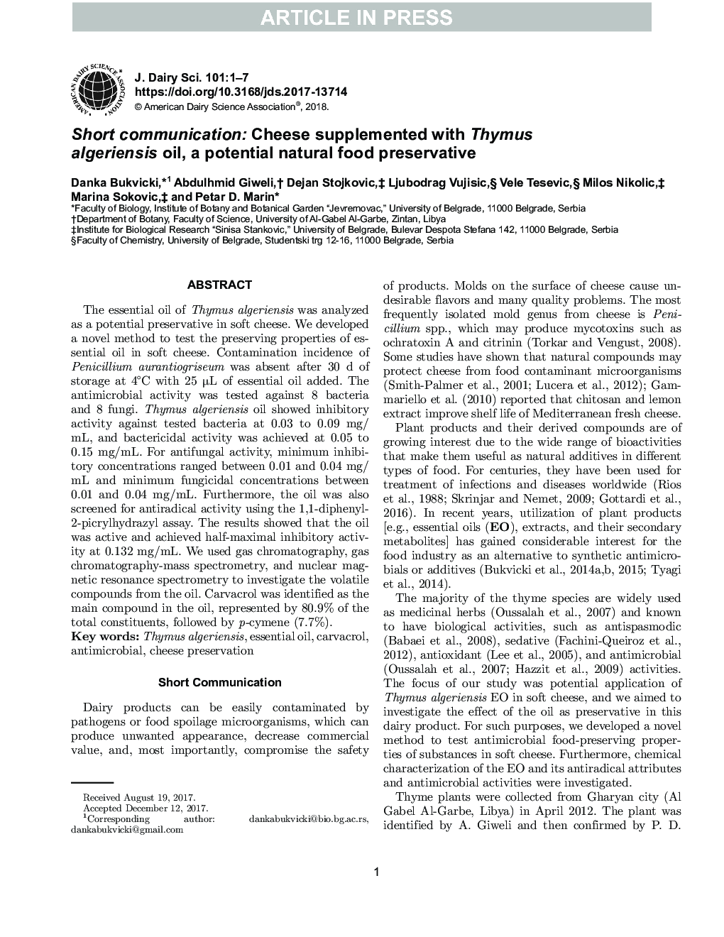 Short communication: Cheese supplemented with Thymus algeriensis oil, a potential natural food preservative