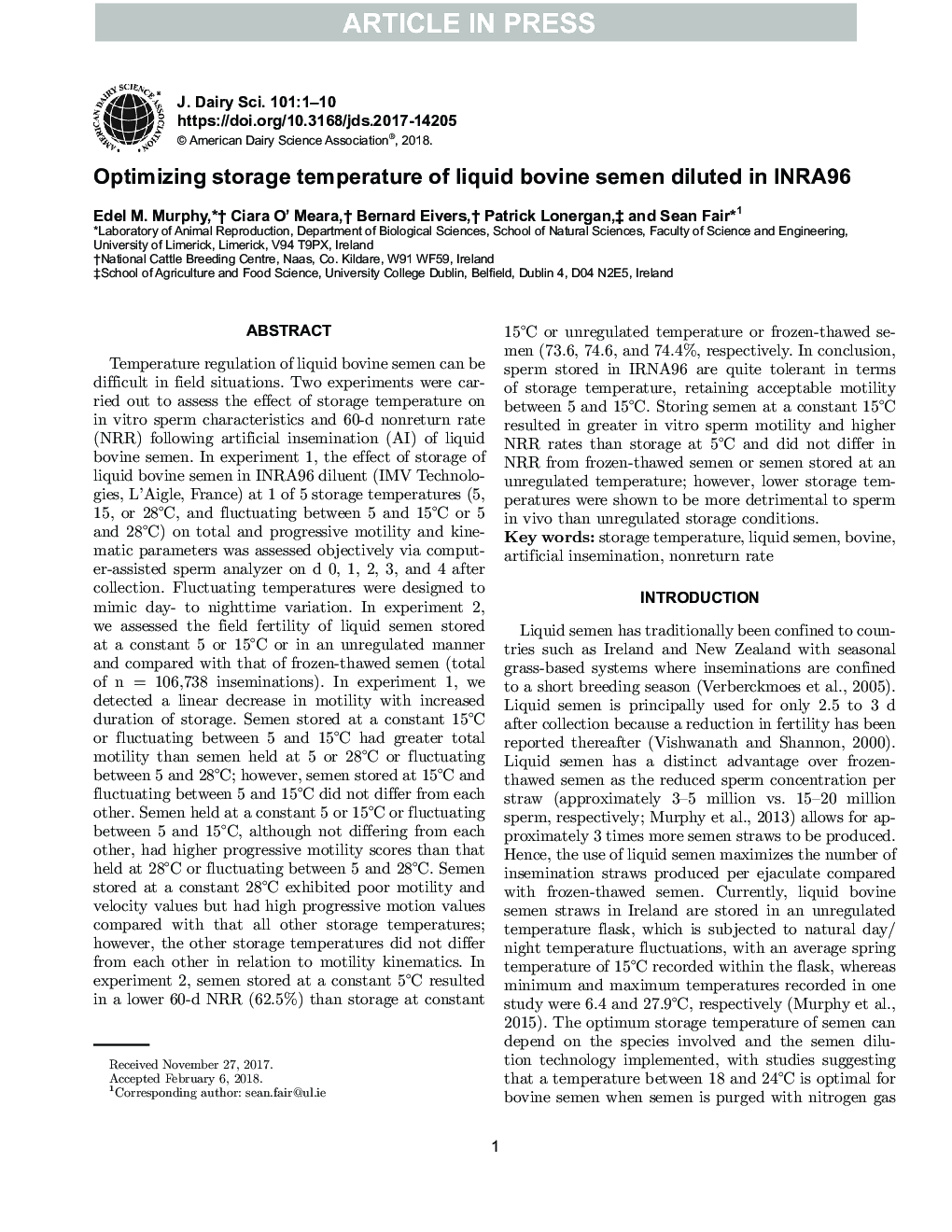 Optimizing storage temperature of liquid bovine semen diluted in INRA96