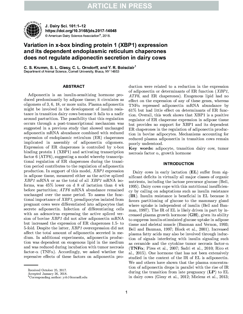 عکس صفحه اول مقاله: Variation in x-box binding protein 1 (XBP1) expression and its dependent endoplasmic reticulum chaperones does not regulate adiponectin secretion in dairy cows Variation in x-box binding protein 1 (XBP1) expression and its dependent endoplasmic reticulum chaperones does not regulate adiponectin secretion in dairy cows