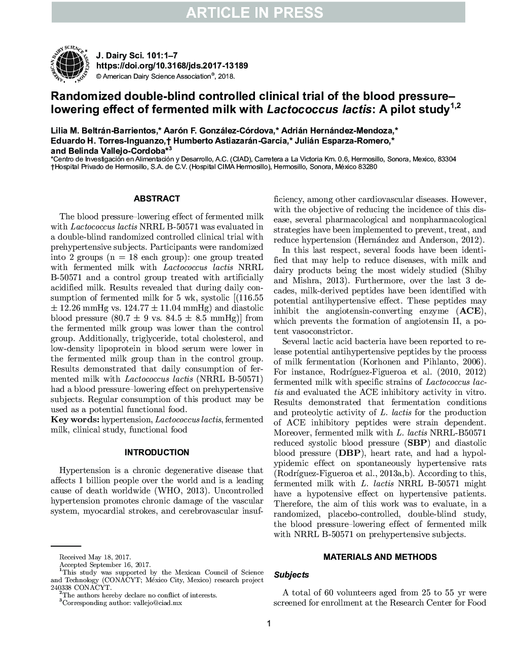 Randomized double-blind controlled clinical trial of the blood pressure-lowering effect of fermented milk with Lactococcus lactis: A pilot study12