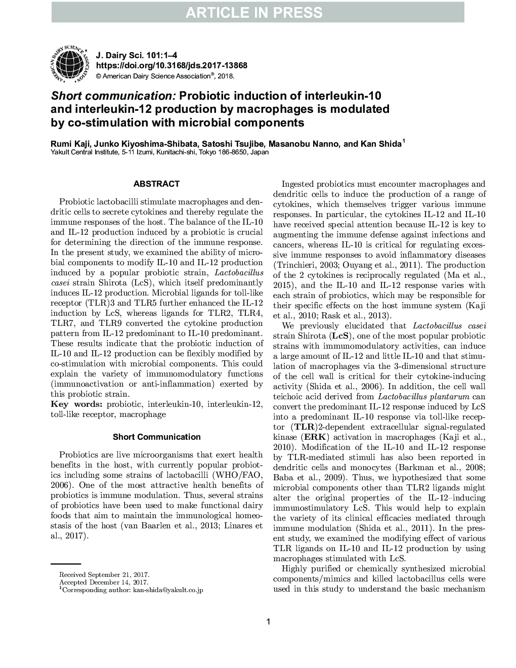 Short communication: Probiotic induction of interleukin-10 and interleukin-12 production by macrophages is modulated by co-stimulation with microbial components