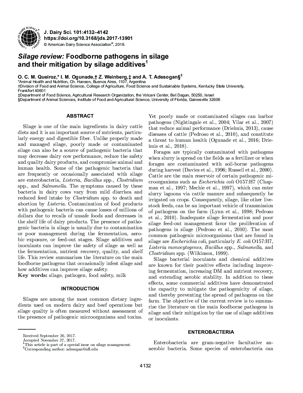 Silage review: Foodborne pathogens in silage and their mitigation by silage additives