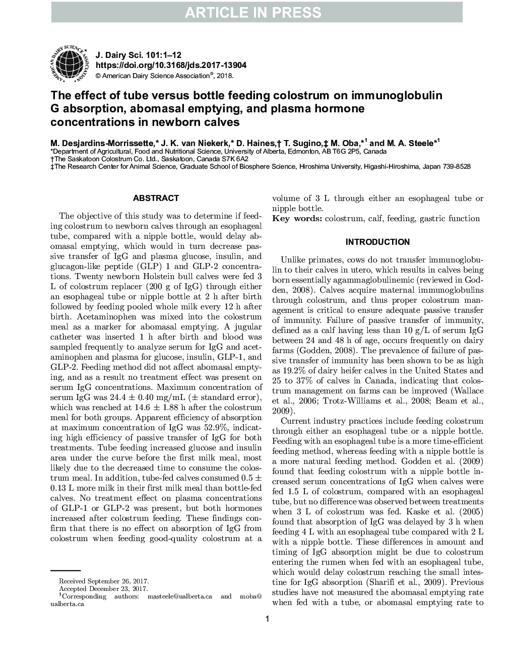 The effect of tube versus bottle feeding colostrum on immunoglobulin G absorption, abomasal emptying, and plasma hormone concentrations in newborn calves