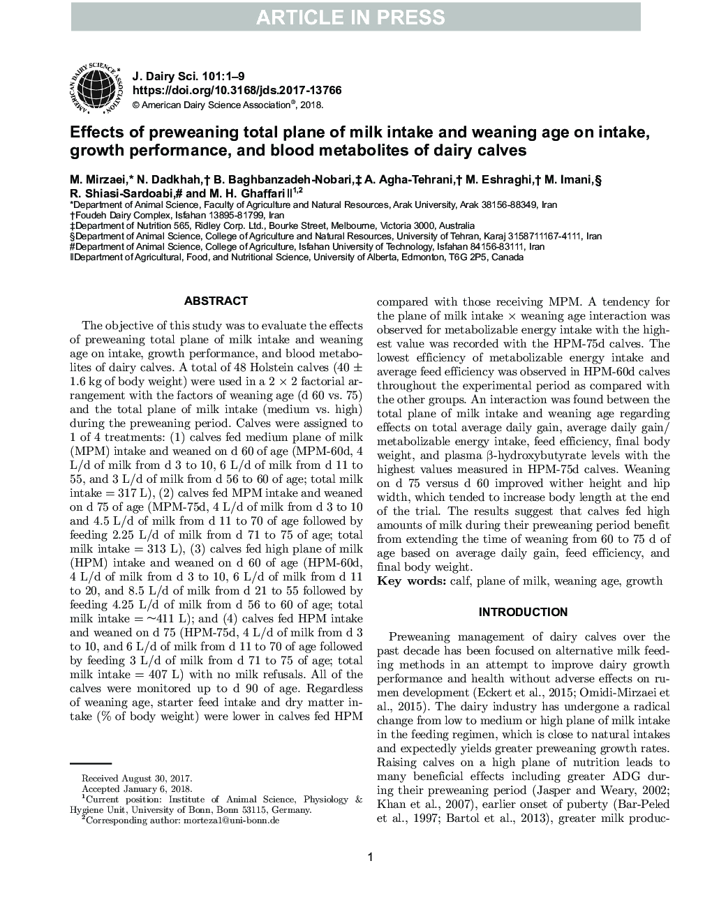 Effects of preweaning total plane of milk intake and weaning age on intake, growth performance, and blood metabolites of dairy calves