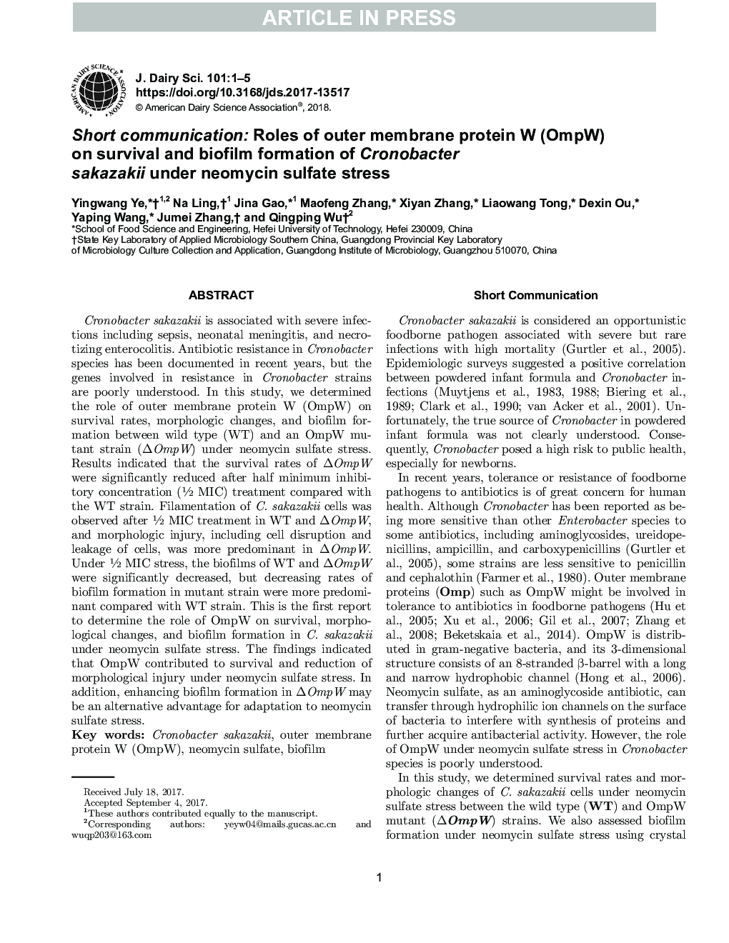 Short communication: Roles of outer membrane protein W (OmpW) on survival and biofilm formation of Cronobacter sakazakii under neomycin sulfate stress