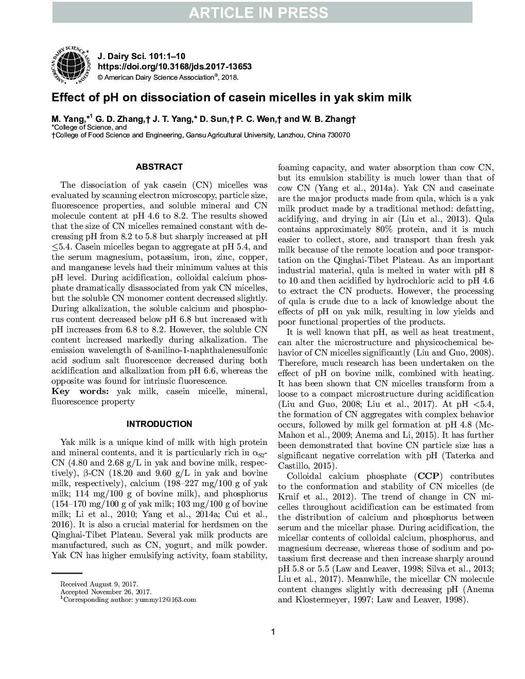 Effect of pH on dissociation of casein micelles in yak skim milk