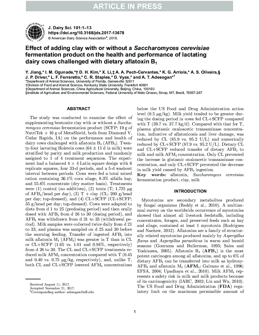 Effect of adding clay with or without a Saccharomyces cerevisiae fermentation product on the health and performance of lactating dairy cows challenged with dietary aflatoxin B1