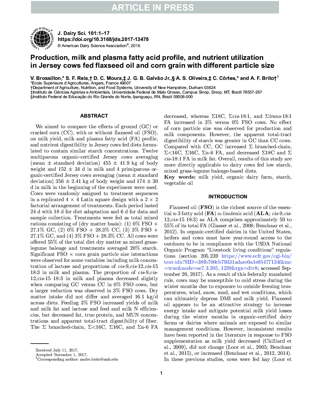 Production, milk and plasma fatty acid profile, and nutrient utilization in Jersey cows fed flaxseed oil and corn grain with different particle size