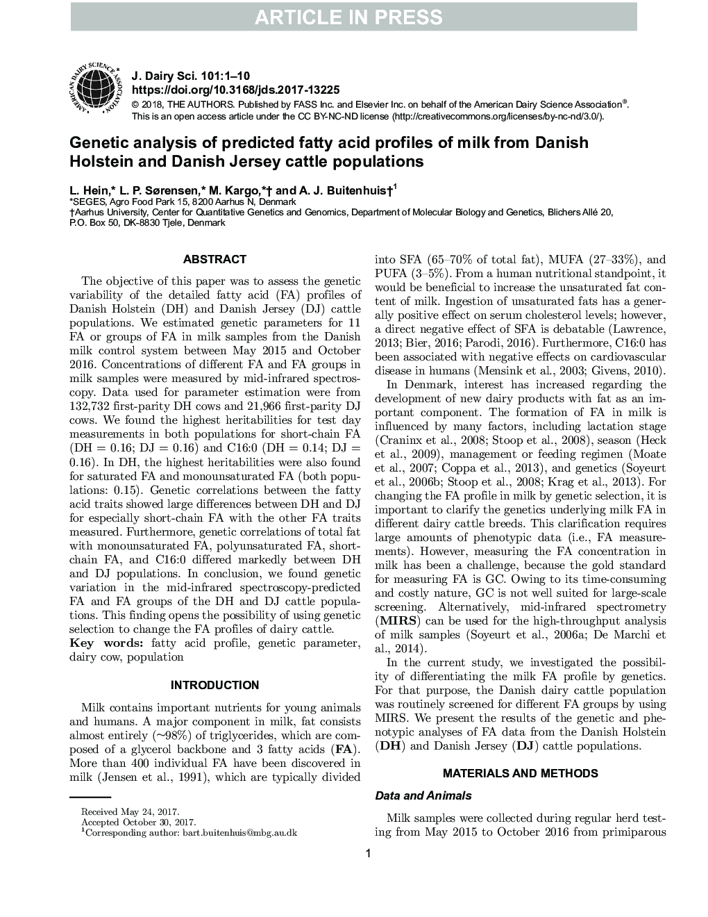 تجزیه و تحلیل ژنتیکی پروتئین های اسید چرب پیش بینی شده از شیر گاو دانمارکی هلشتاین و جورجی دانمارکی 