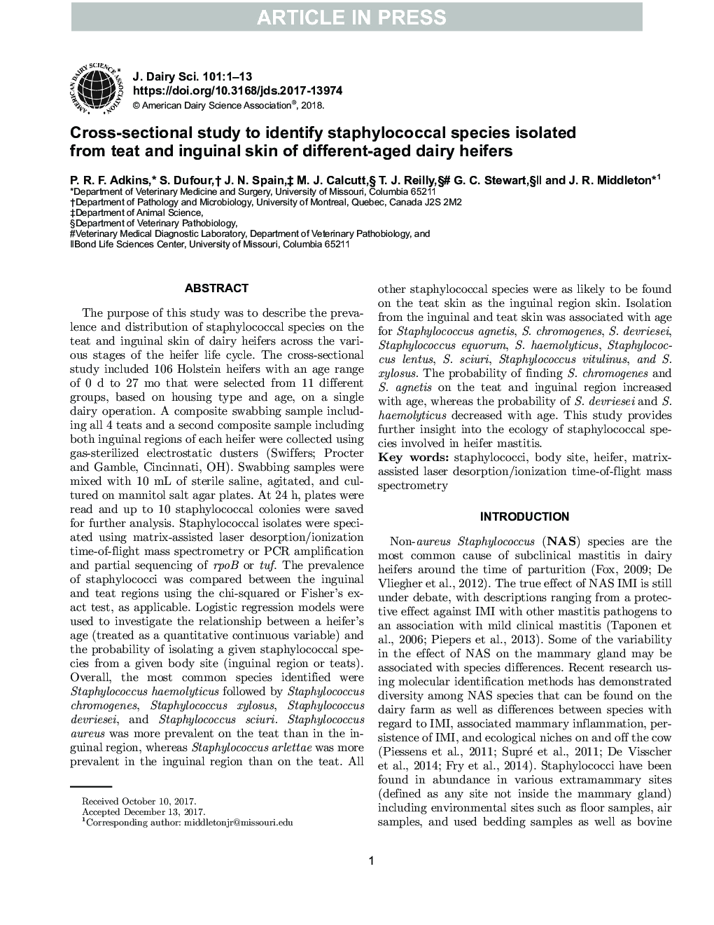 Cross-sectional study to identify staphylococcal species isolated from teat and inguinal skin of different-aged dairy heifers