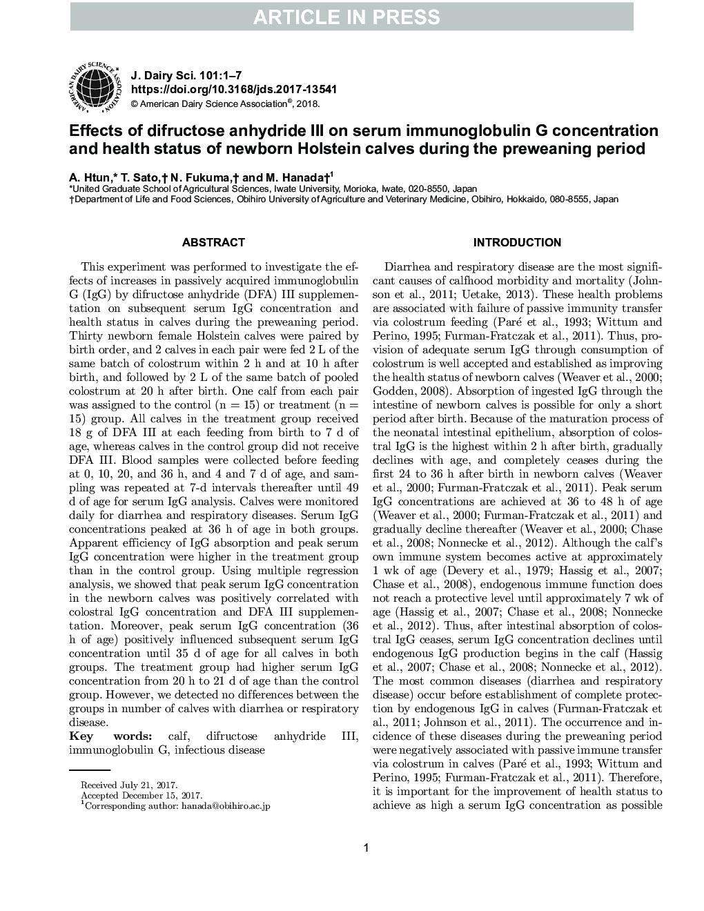 Effects of difructose anhydride III on serum immunoglobulin G concentration and health status of newborn Holstein calves during the preweaning period