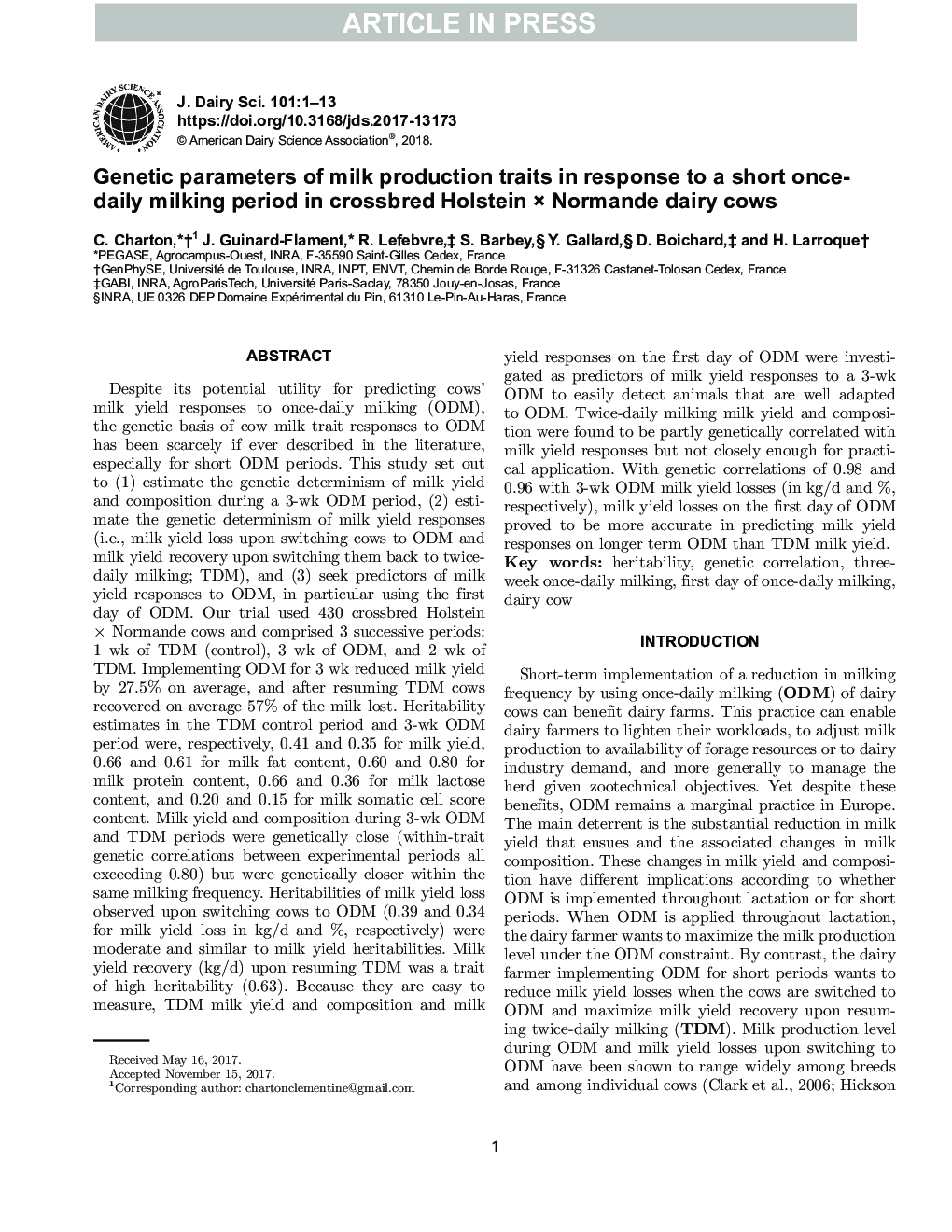 Genetic parameters of milk production traits in response to a short once-daily milking period in crossbred Holstein Ã Normande dairy cows