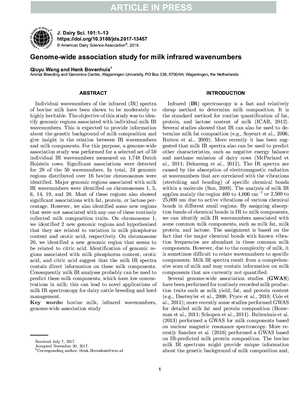 Genome-wide association study for milk infrared wavenumbers