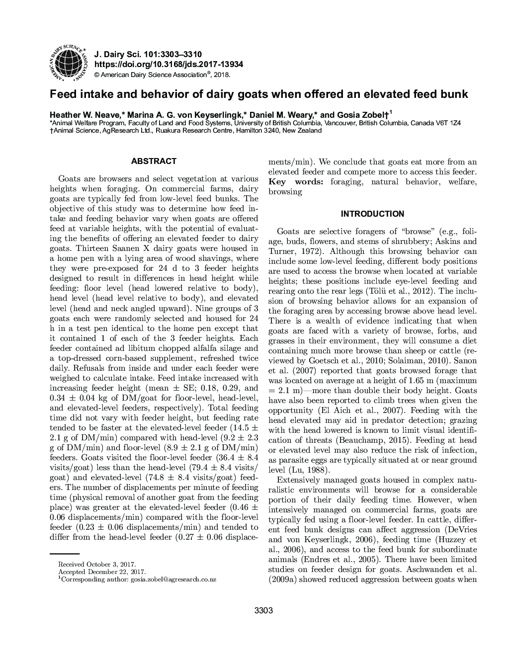 Feed intake and behavior of dairy goats when offered an elevated feed bunk