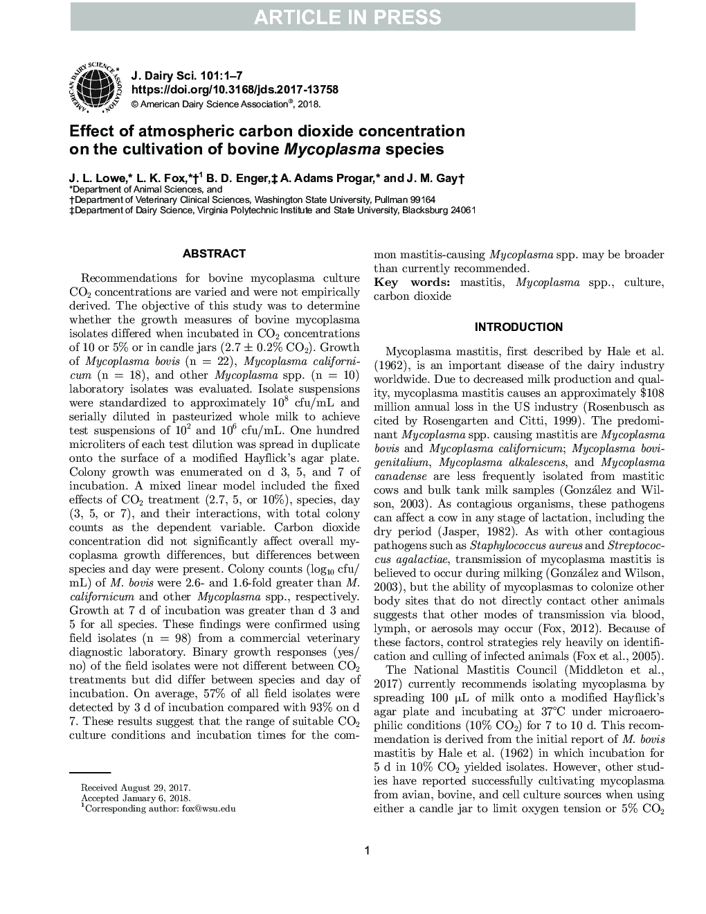 Effect of atmospheric carbon dioxide concentration on the cultivation of bovine Mycoplasma species