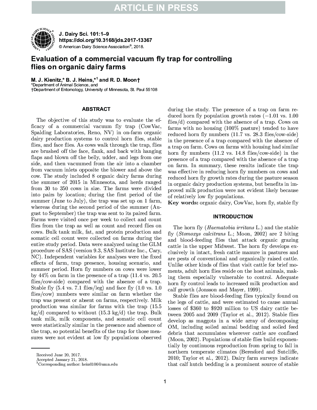 Evaluation of a commercial vacuum fly trap for controlling flies on organic dairy farms