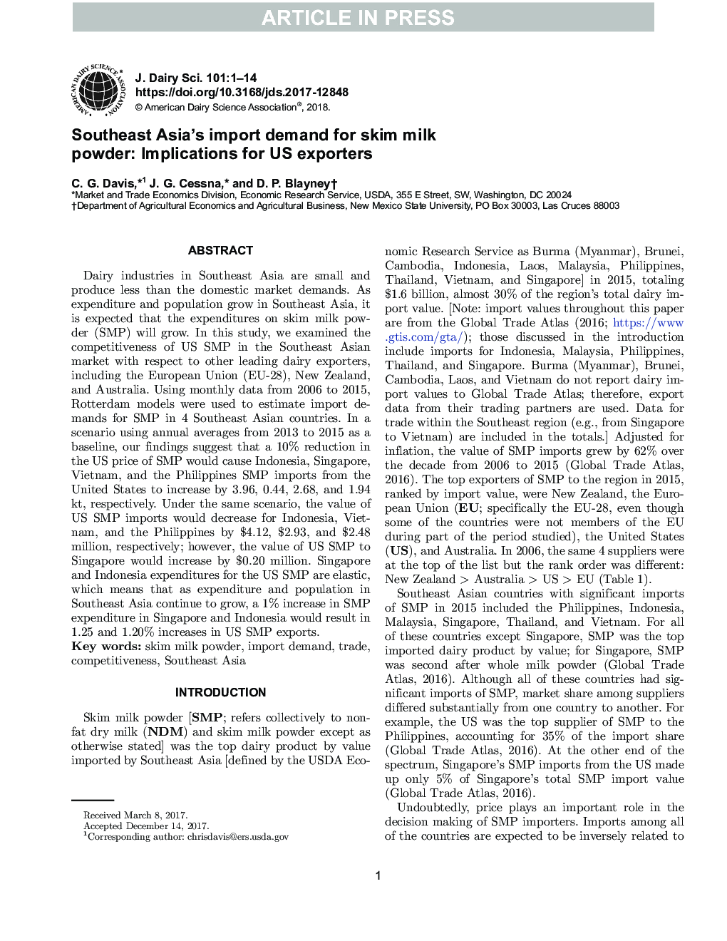 Southeast Asia's import demand for skim milk powder: Implications for US exporters