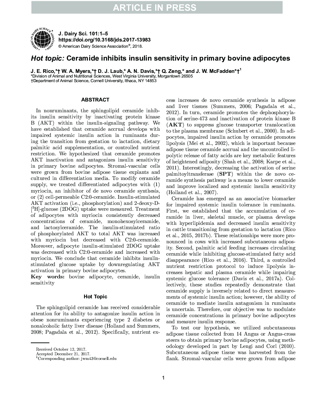 Hot topic: Ceramide inhibits insulin sensitivity in primary bovine adipocytes