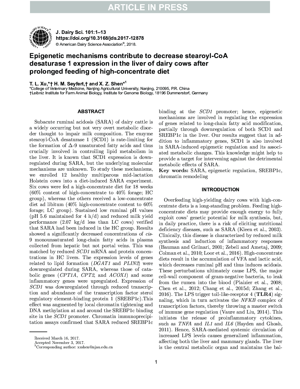 Epigenetic mechanisms contribute to decrease stearoyl-CoA desaturase 1 expression in the liver of dairy cows after prolonged feeding of high-concentrate diet