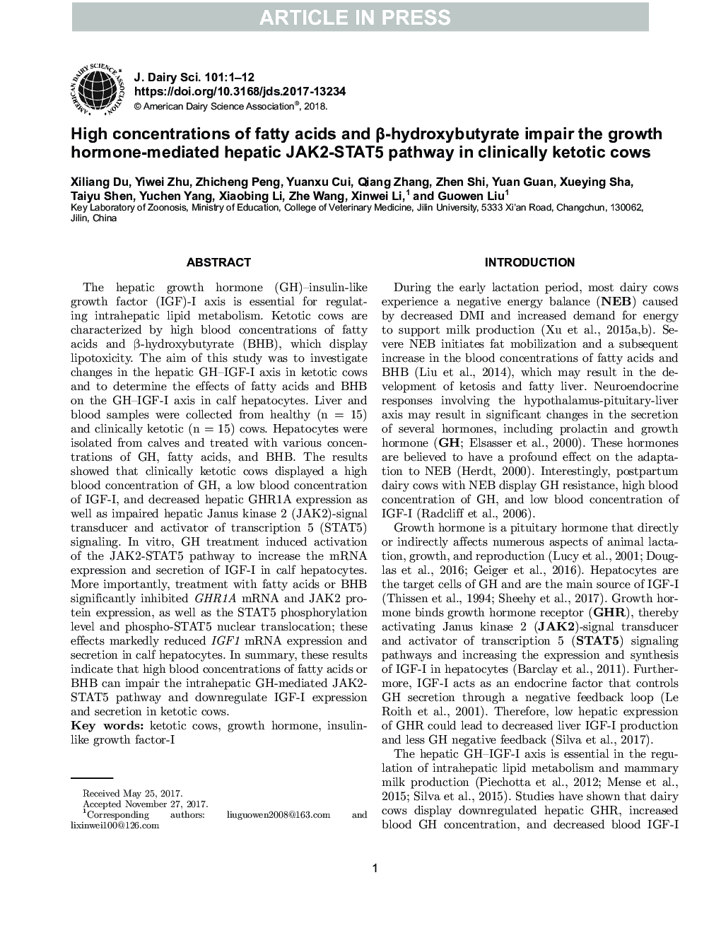عکس صفحه اول مقاله: High concentrations of fatty acids and β-hydroxybutyrate impair the growth hormone-mediated hepatic JAK2-STAT5 pathway in clinically ketotic cows High concentrations of fatty acids and β-hydroxybutyrate impair the growth hormone-mediated hepatic JAK2-STAT5 pathway in clinically ketotic cows