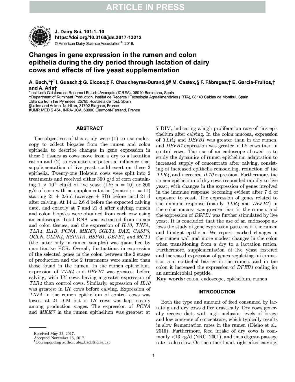 Changes in gene expression in the rumen and colon epithelia during the dry period through lactation of dairy cows and effects of live yeast supplementation