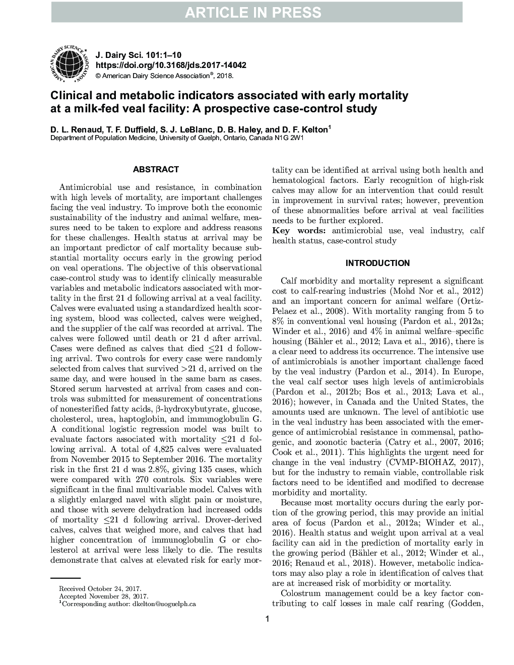 Clinical and metabolic indicators associated with early mortality at a milk-fed veal facility: A prospective case-control study