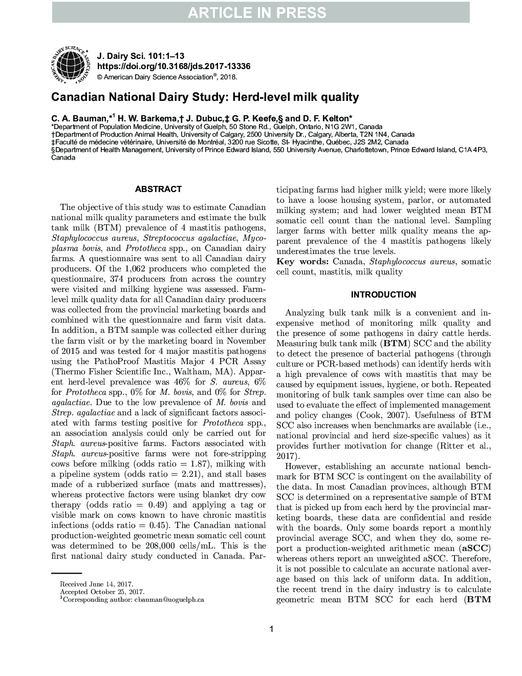 مطالعه ملی لبنیات کانادا: کیفیت شیر ​​در سطح گله 