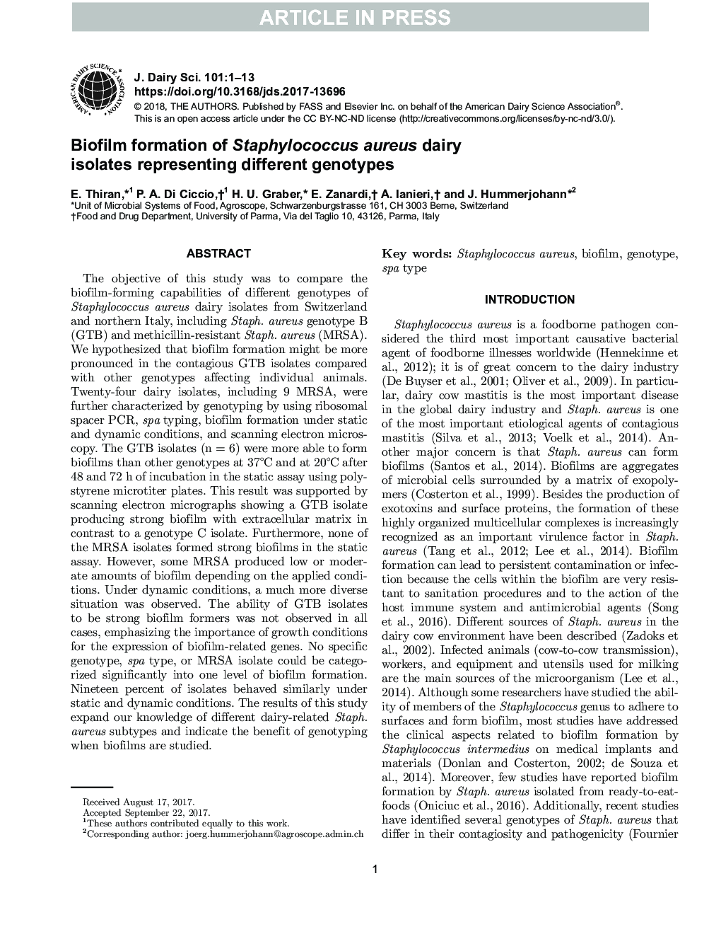 Biofilm formation of Staphylococcus aureus dairy isolates representing different genotypes