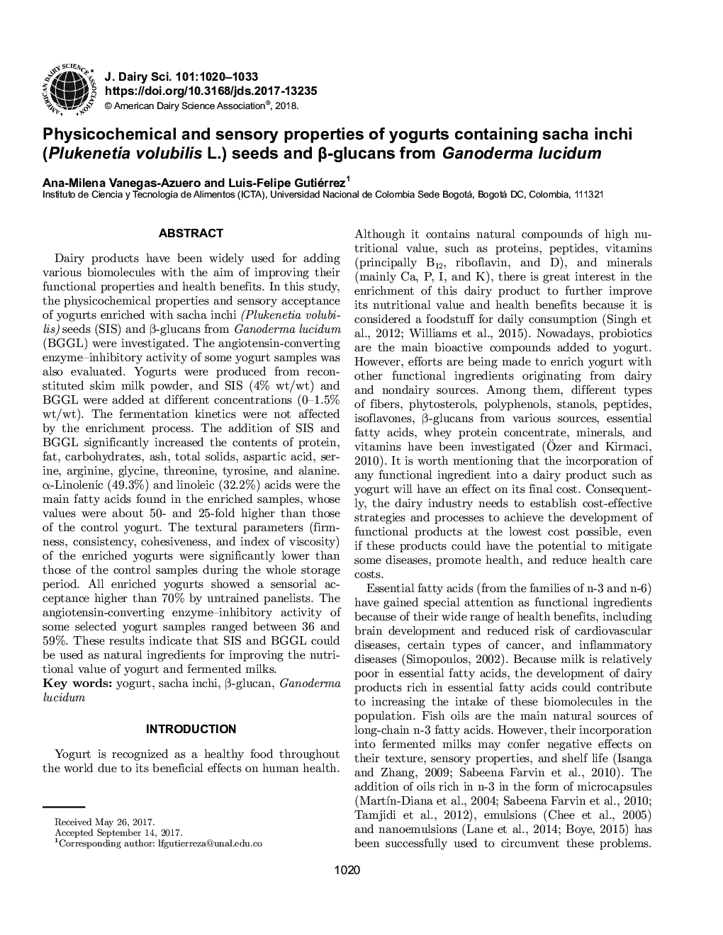 Physicochemical and sensory properties of yogurts containing sacha inchi (Plukenetia volubilis L.) seeds and Î²-glucans from Ganoderma lucidum