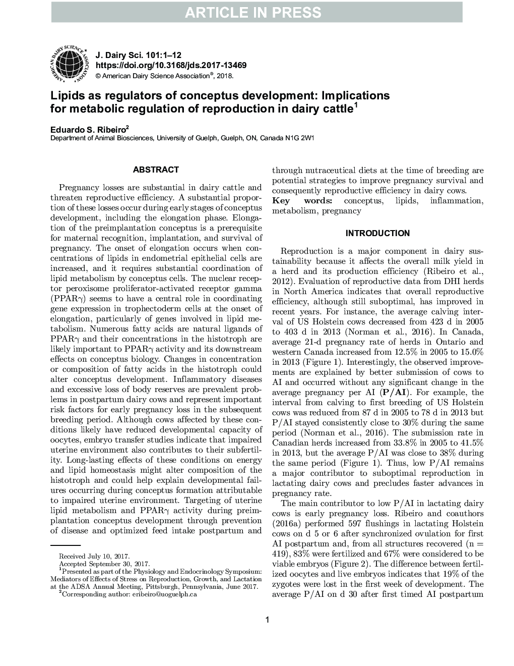 بررسی سمپوزیوم: لیپید ها به عنوان تنظیم کننده های توسعه مفهوم: پیامدهای تنظیم متابولیسم تولید مثل در گاوهای شیری 1 