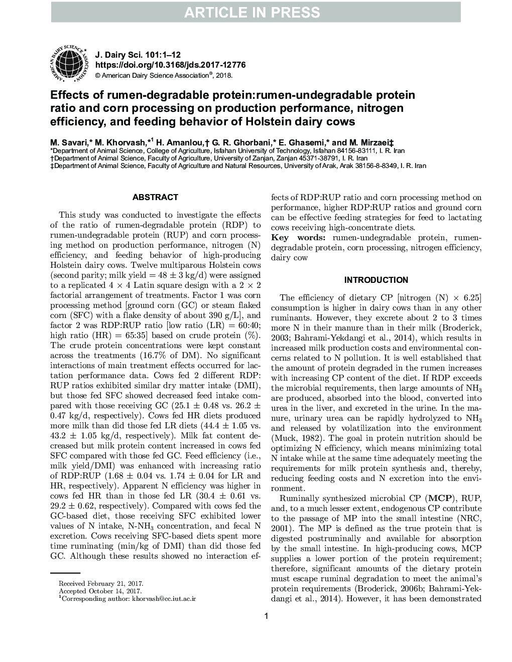 Effects of rumen-degradable protein:rumen-undegradable protein ratio and corn processing on production performance, nitrogen efficiency, and feeding behavior of Holstein dairy cows