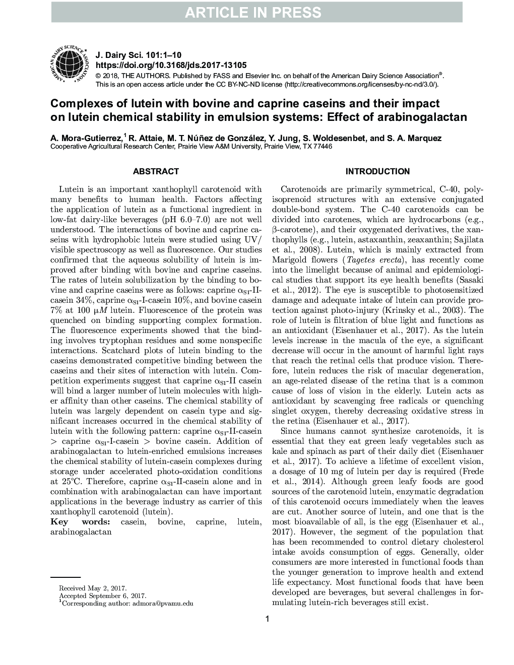 Complexes of lutein with bovine and caprine caseins and their impact on lutein chemical stability in emulsion systems: Effect of arabinogalactan