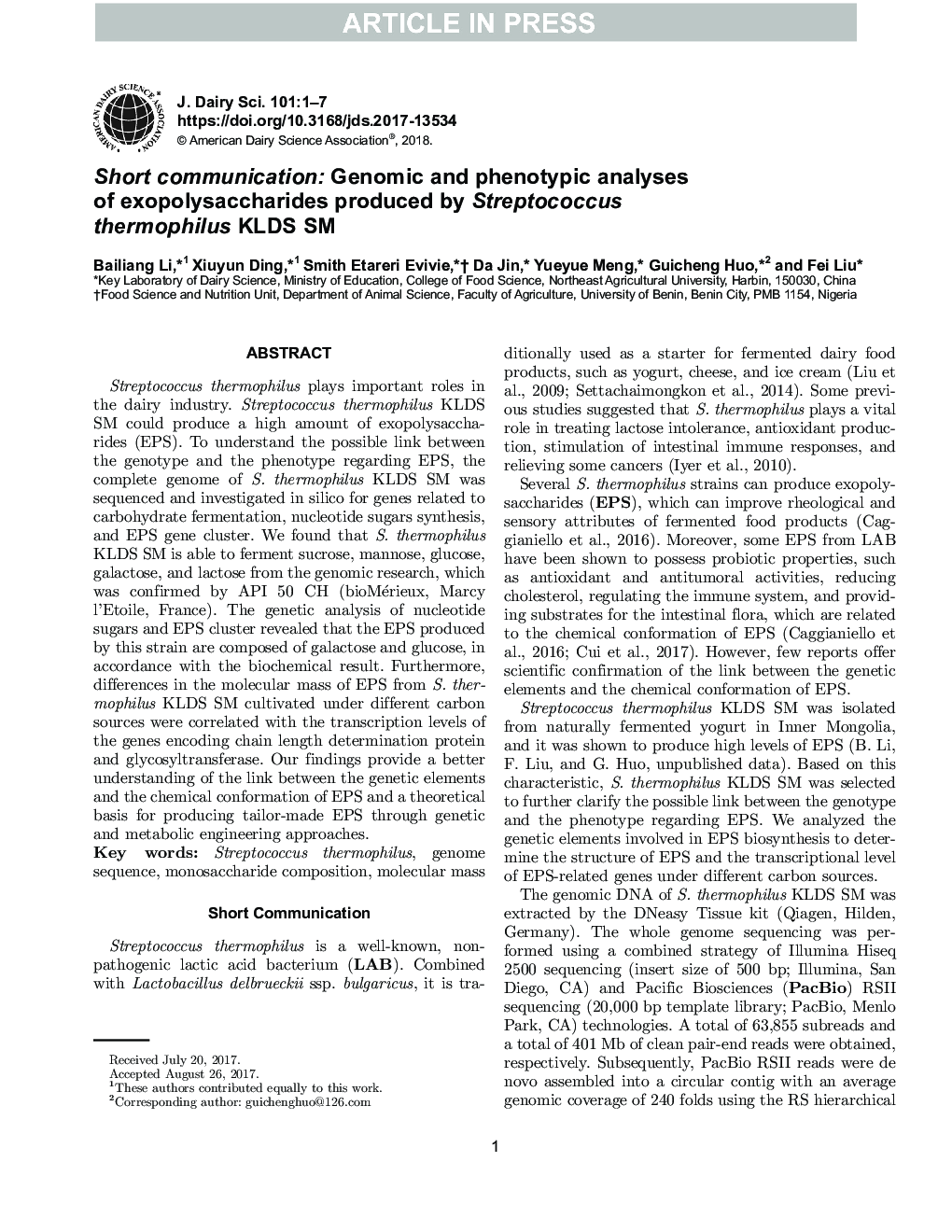 Short communication: Genomic and phenotypic analyses of exopolysaccharides produced by Streptococcus thermophilus KLDS SM