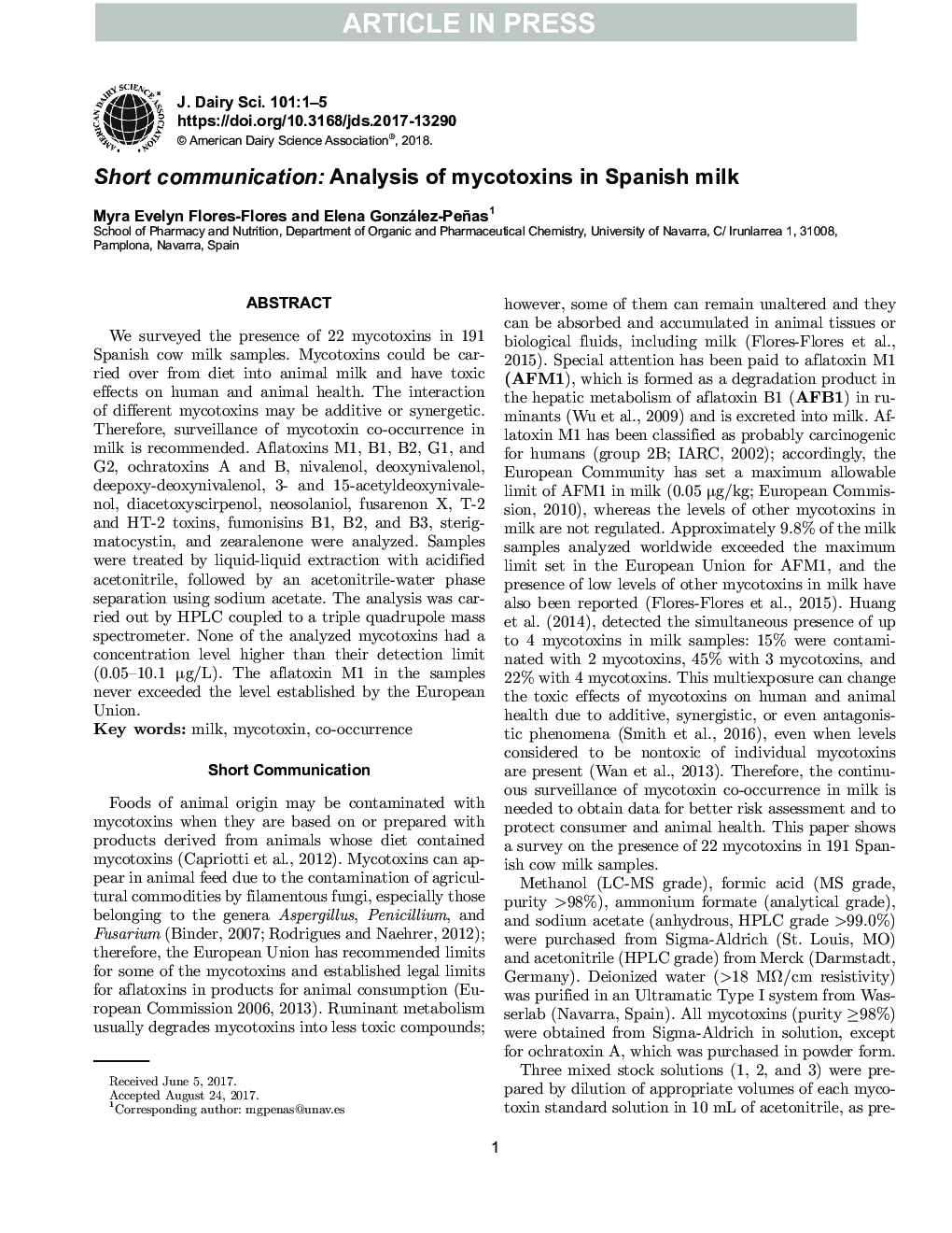 Short communication: Analysis of mycotoxins in Spanish milk