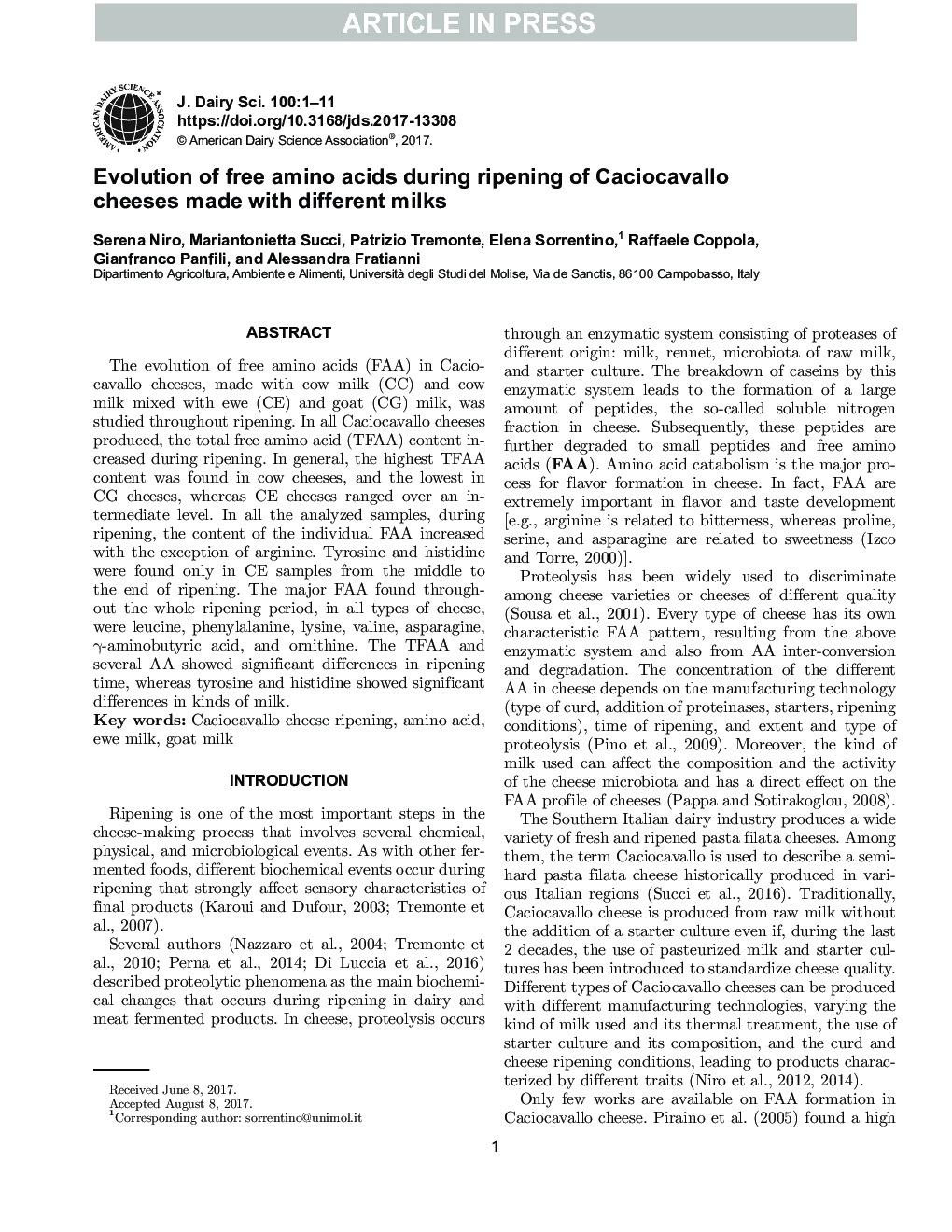 Evolution of free amino acids during ripening of Caciocavallo cheeses made with different milks