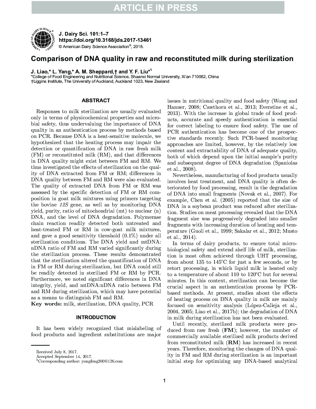 Comparison of DNA quality in raw and reconstituted milk during sterilization