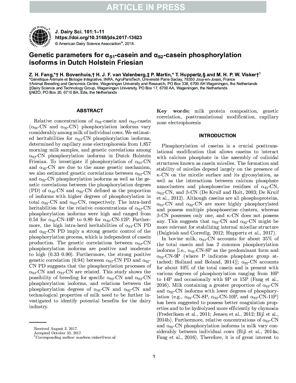 Genetic parameters for Î±S1-casein and Î±S2-casein phosphorylation isoforms in Dutch Holstein Friesian