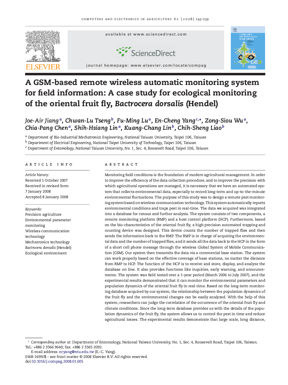 A GSM-based remote wireless automatic monitoring system for field information: A case study for ecological monitoring of the oriental fruit fly, Bactrocera dorsalis (Hendel)