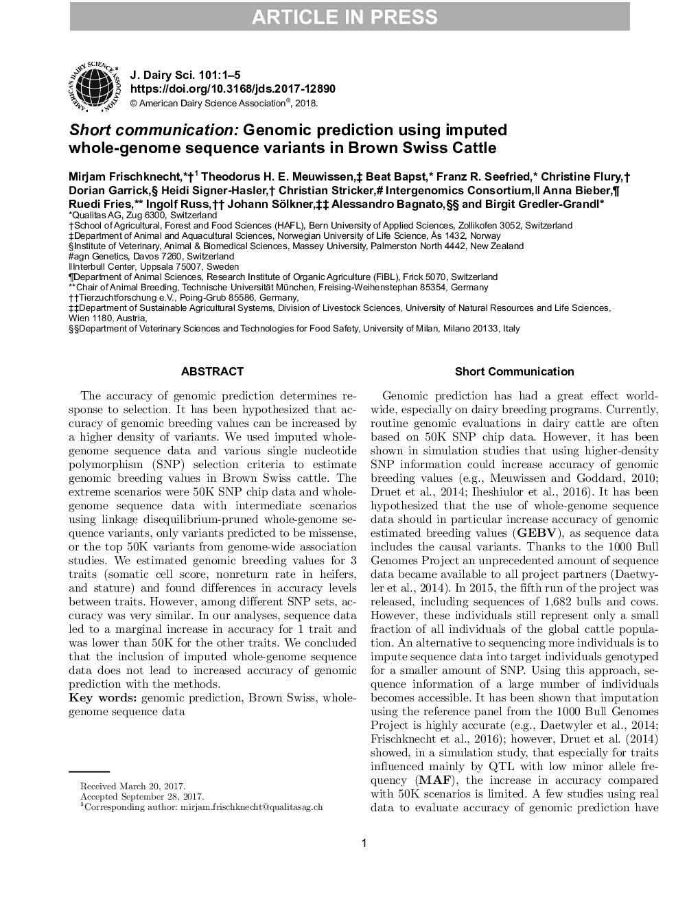 ارتباطات کوتاه: پیش بینی ژنومیک با استفاده از محدوده توالی کامل ژنوم در گاو بروس سوئیس 