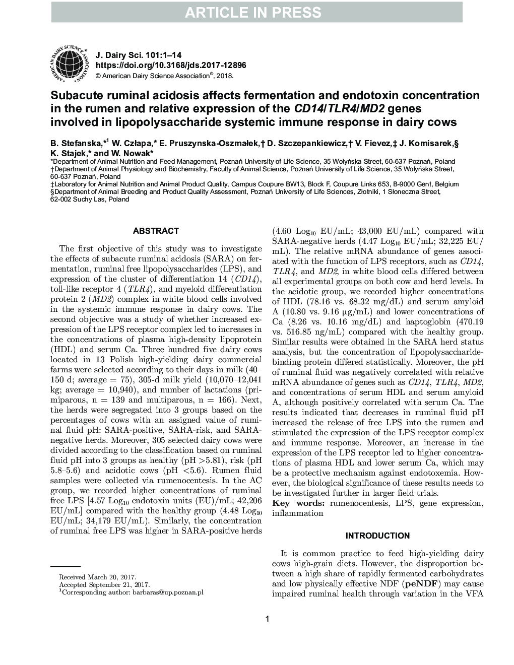 Subacute ruminal acidosis affects fermentation and endotoxin concentration in the rumen and relative expression of the CD14/TLR4/MD2 genes involved in lipopolysaccharide systemic immune response in dairy cows