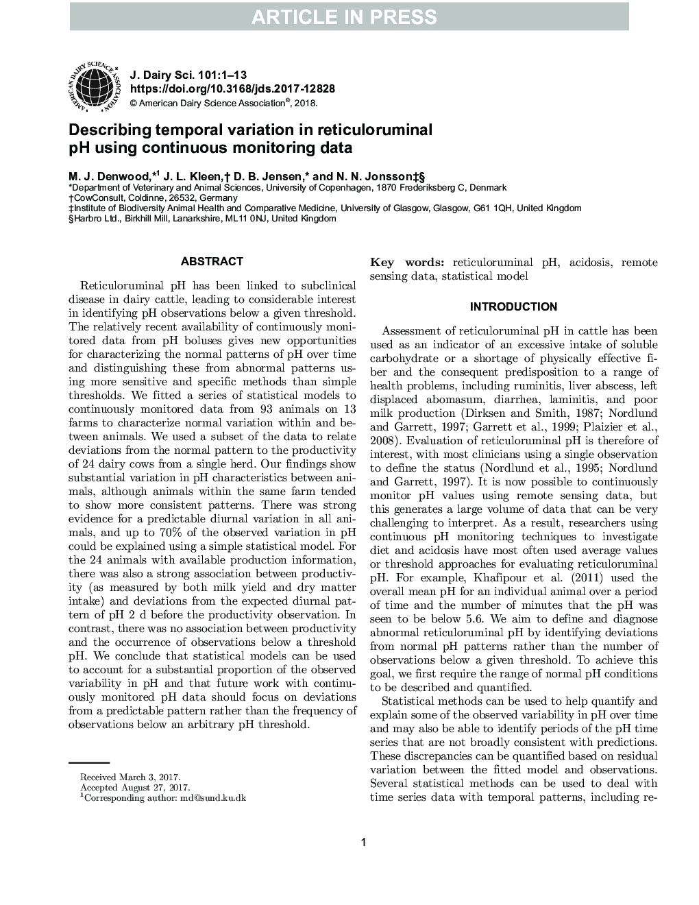 Describing temporal variation in reticuloruminal pH using continuous monitoring data