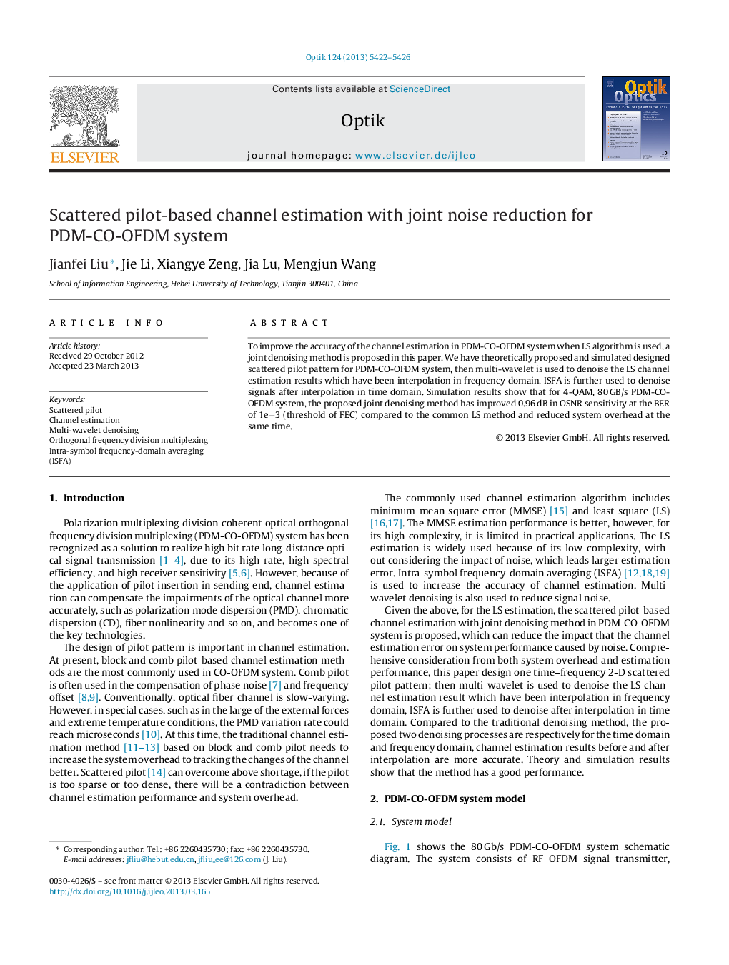 Scattered pilot-based channel estimation with joint noise reduction for PDM-CO-OFDM system