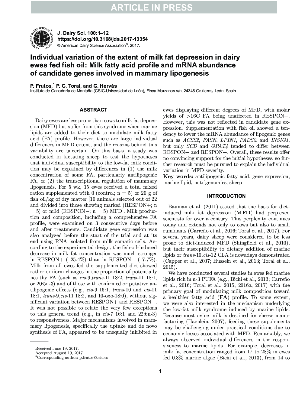 Individual variation of the extent of milk fat depression in dairy ewes fed fish oil: Milk fatty acid profile and mRNA abundance of candidate genes involved in mammary lipogenesis