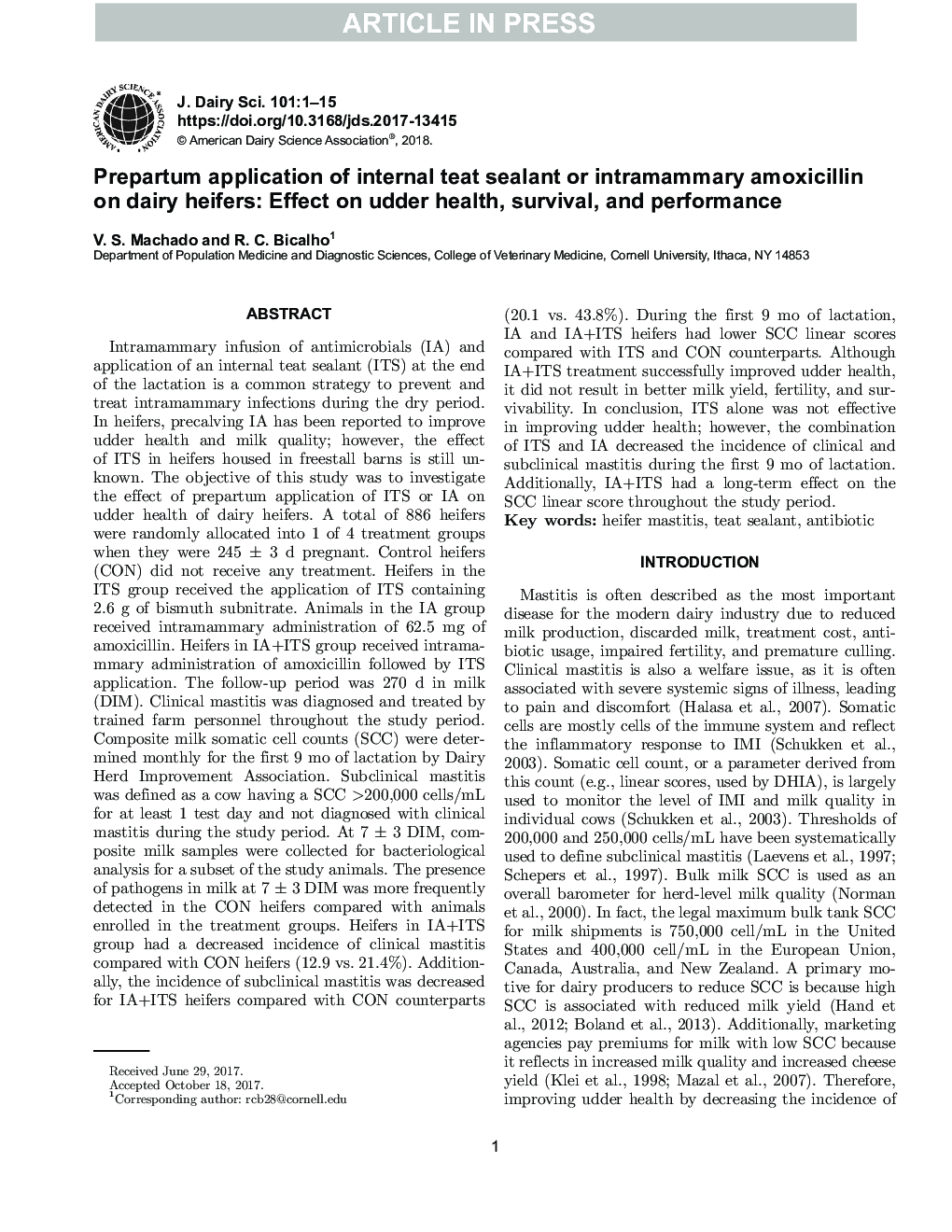 Prepartum application of internal teat sealant or intramammary amoxicillin on dairy heifers: Effect on udder health, survival, and performance