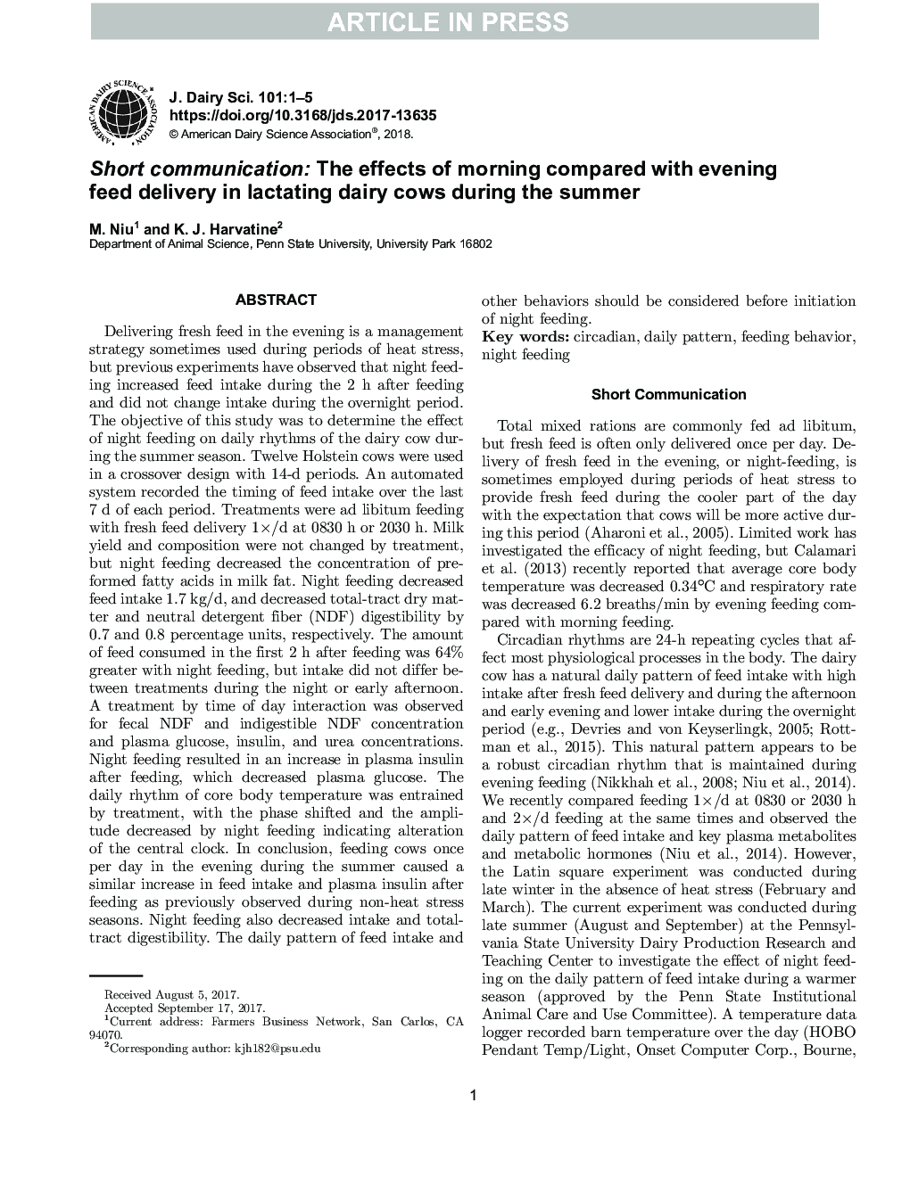 Short communication: The effects of morning compared with evening feed delivery in lactating dairy cows during the summer