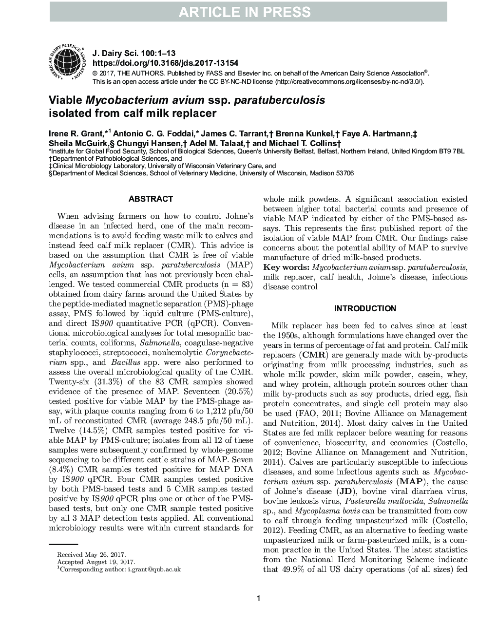 Viable Mycobacterium avium ssp. paratuberculosis isolated from calf milk replacer