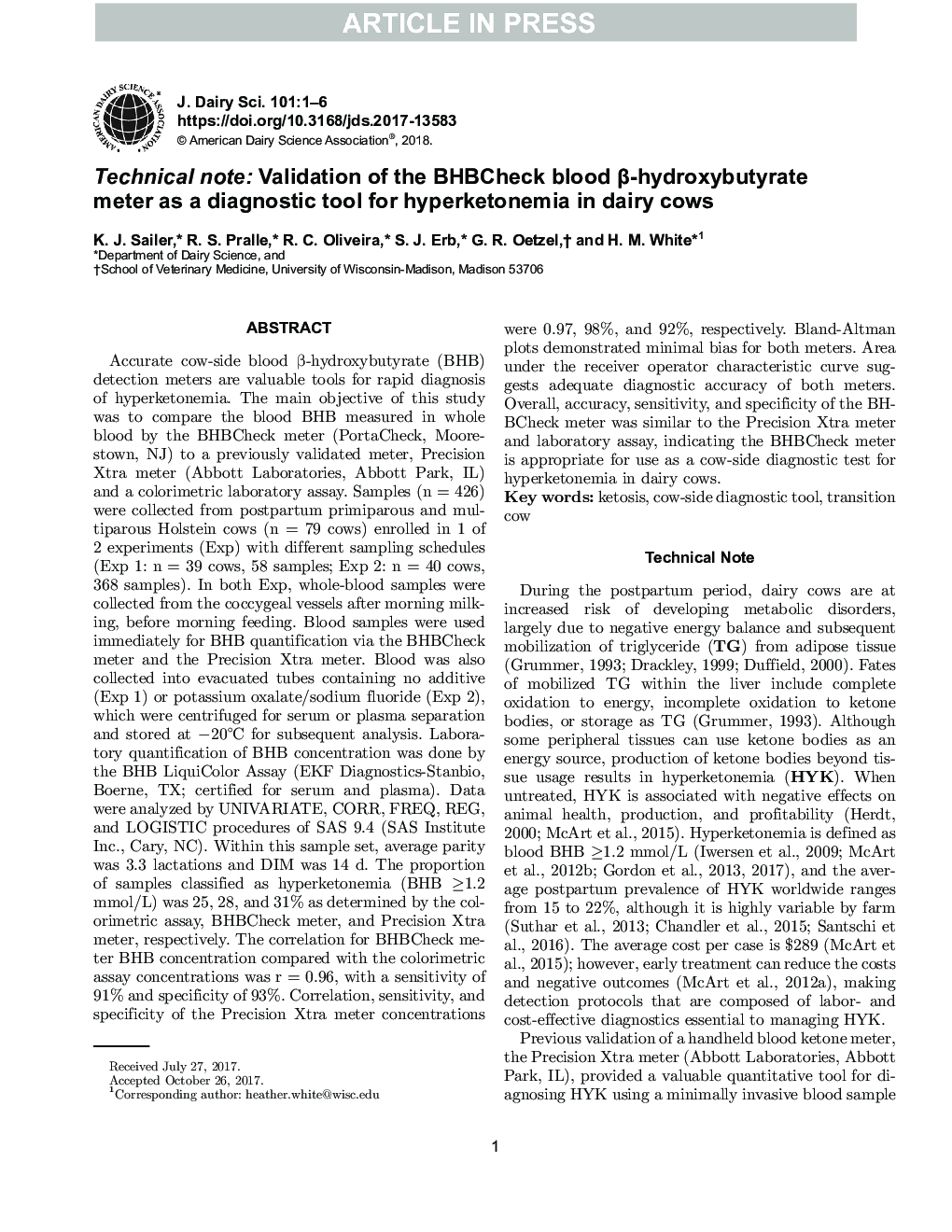 Technical note: Validation of the BHBCheck blood Î²-hydroxybutyrate meter as a diagnostic tool for hyperketonemia in dairy cows