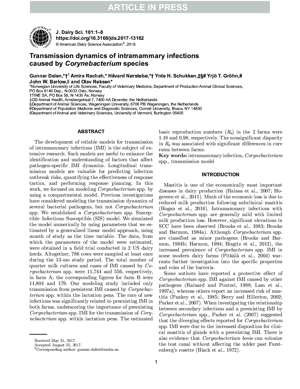 Transmission dynamics of intramammary infections caused by Corynebacterium species